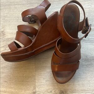 Kork-Ease Brown Leather Wedge Sandals with Ankle Strap